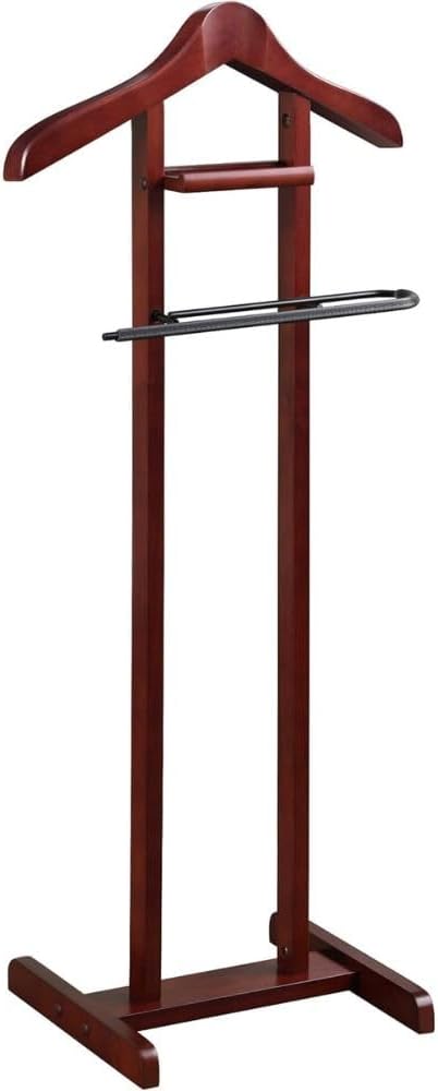 Wooden Suit Valet Stand with Contour Hanger Trouser Bar and Accessory Tray Elegant Wardrobe Organizer for Men Bedroom Closet and Office Mahogany Finish