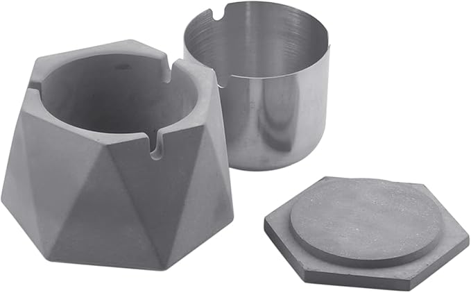 FREELOVE Concrete Ashtray with Lid & Stainless Steel Ashtrays for Cigarettes, Cement Ash Tray Smoking Holder Indoor Smokeless Outdoor Windproof Patio Home Office Cool Decor(Grey, Large)