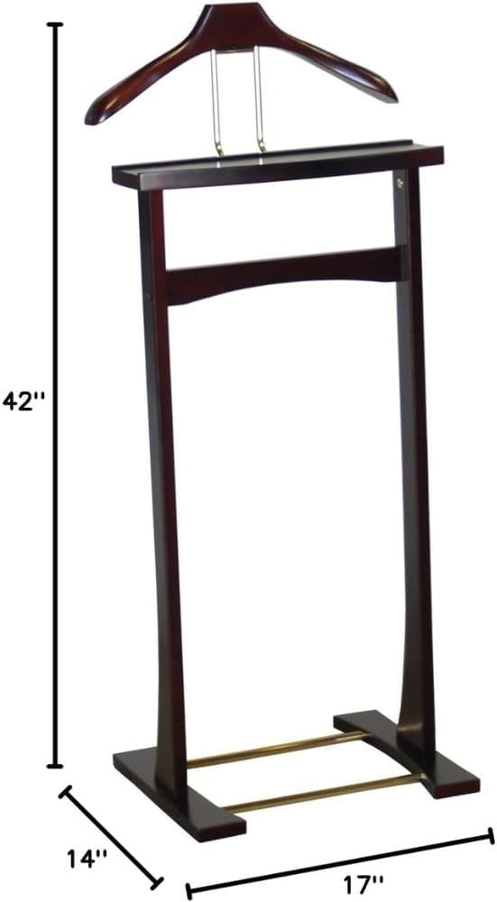 Wooden Suit Valet Stand with Top Tray Contour Hanger Trouser Bar and Shoe Rack Classic Freestanding Clothing Organizer for Bedroom Closet Entryway, Dark Mahogany