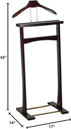 Wooden Suit Valet Stand with Top Tray Contour Hanger Trouser Bar and Shoe Rack Classic Freestanding Clothing Organizer for Bedroom Closet Entryway, Dark Mahogany