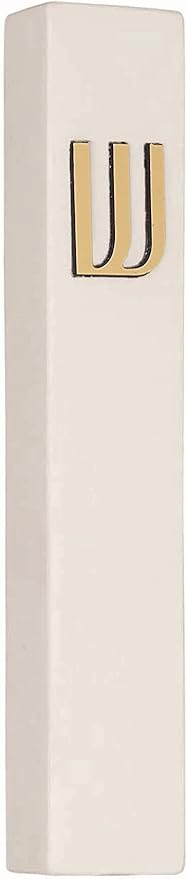 A&S Mezuzot Modern Concrete Mezuzah Case with Scroll, Easy Peel and Stick Mezuza (Ivory+ Gold Shin, 11 Inches)