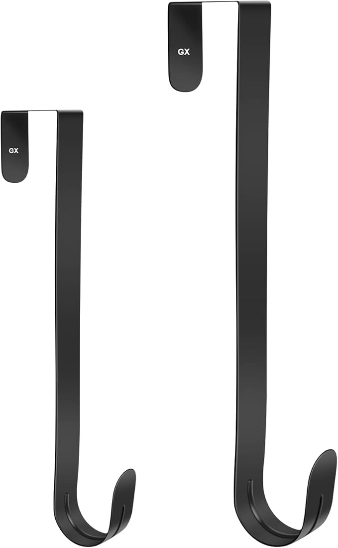 GameXcel 12" + 15" Wreath Hanger for Front Door - Large Wreath Metal Hook for Christmas Wreath Over The Door Hangers - 2 Pcs Black