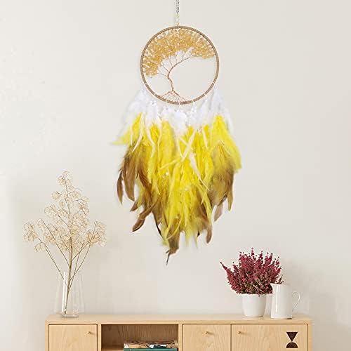 Fairy Gold Citrine Tree of Life Dream Catcher Wall Decor with Healing Crystal Stone Handmade Feather Dream Catchers Decoration Wall Hanging Ornaments for Bedroom Wedding Party Home Decor-25.6"