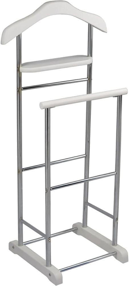 White Wooden Twin Valet Stand with Hanger Trouser Bar Tie Belt Holder Storage Tray Clothes Organizer for Bedroom Office Closet Space Saving Wardrobe Rack for Unisex
