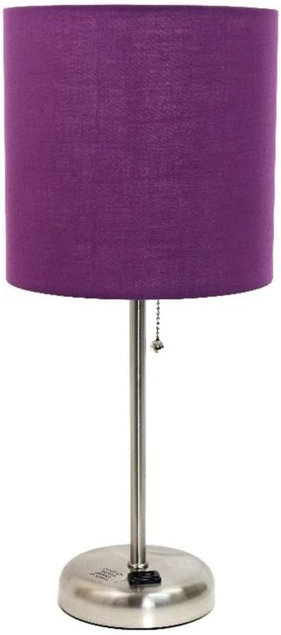 Oslo 19.5" Contemporary Bedside Power Outlet Base Standard Metal Table Desk Lamp in Brushed Steel with Purple Drum Fabric Shade