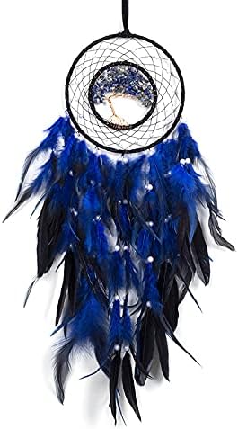 Dreamlike Deep Blue Tree of Life Dream Catcher Wall Decor with Healing Crystal Stone Handmade Feather Dream Catchers Decoration Wall Hanging for Girls Bedroom Living Room Wedding Party Home Décor