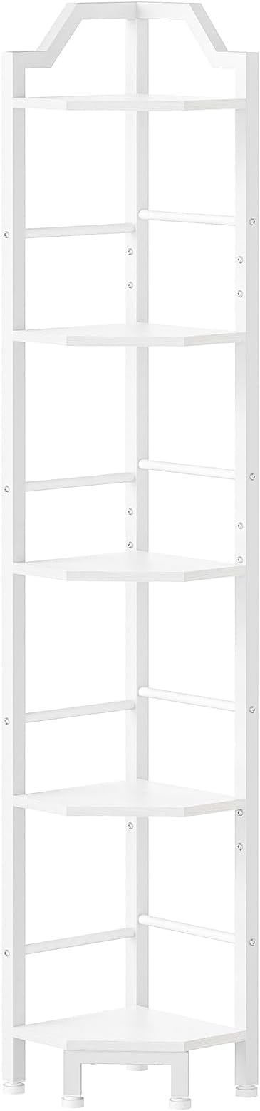 HOOBRO Narrow Corner Shelf Stand, 5-Tier Corner Shelf, 63” Tall Multipurpose Corner Bookshelf, Standing Display Shelf Plant Stand, for Living Room, Study, Kitchen, White WW100CJ01