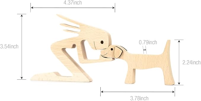 ISHINE Wood Decor Wooden Statue Man and Dog Figurine Handmade Carved Creative Home Office Gift for Men Women Accents Decoration Natural ECO Friendly 7x3 inches (C-Woman Kisses Dog)