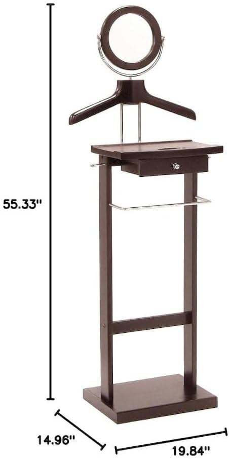 Solid Wood Clothes Valet Stand in Dark Espresso with Round Mirror, Drawer, Tray, Pants and Tie Hangers, and Shoe Base, Elegant Clothing Valet for Bedroom