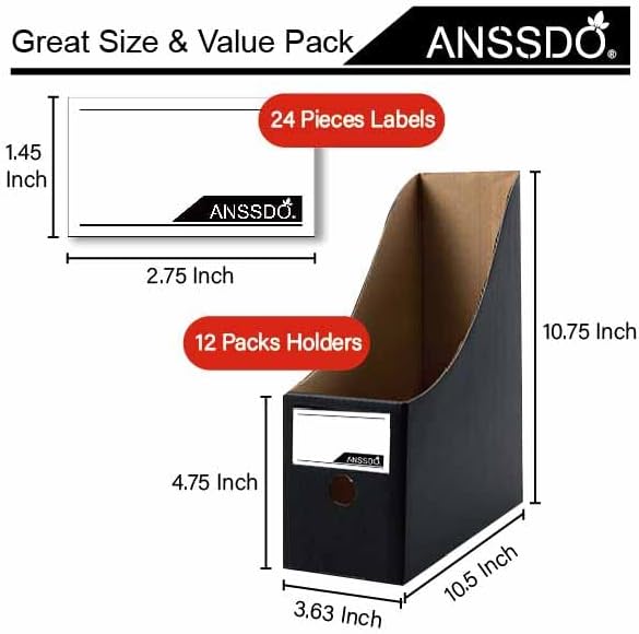ANSSDO 12 Pack Black Cardboard Magazine Holder Premium Magazine File Holder Magazine Organizer, Magazine Storage Box, Large Volume Magazine File Organizer as Book Bins or Folder Holder for Desk