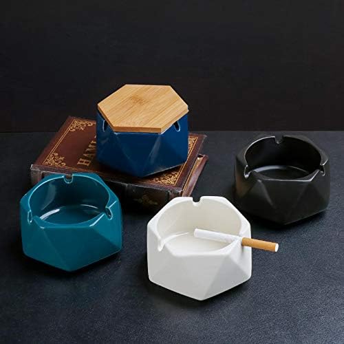 Simple Geometric Ceramic Ashtray with Bamboo Lid.