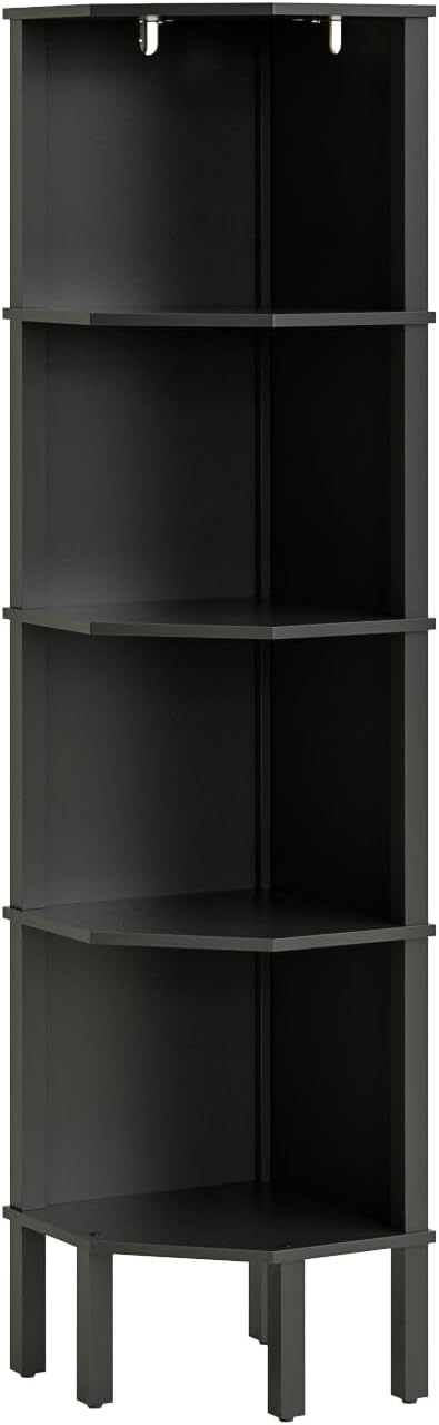 Corner Shelf, 5 Tier Corner Bookshelf, Display Corner Shelf Stand with Storage Rack, Wall Corner Bookshelf for Living Room, Bedroom, Office, Black