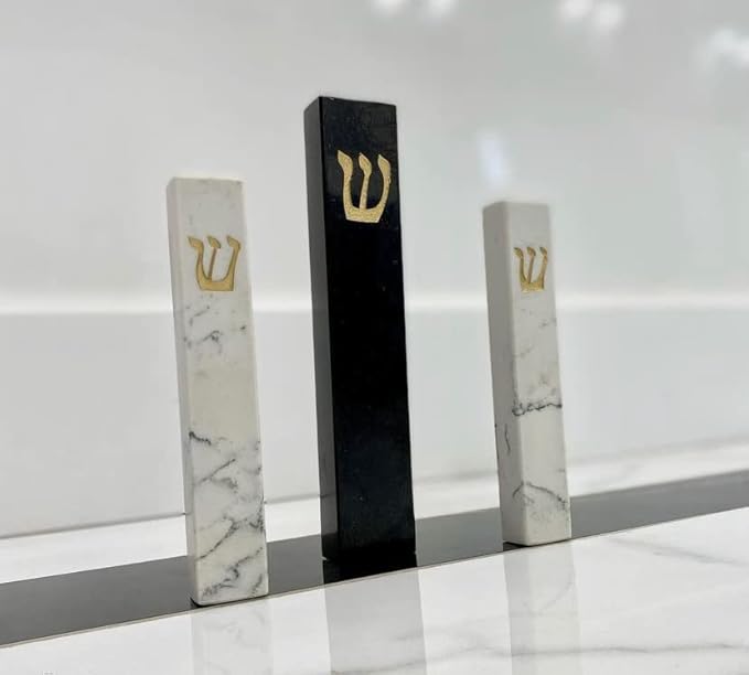 A&S Mezuzot Quartz Mezuzah Case with Engraved Shin Design Easy Peel and Stick Judaica Door Mezuza (White/Grey + GOLD, 8 Inches)