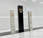 A&S Mezuzot Quartz Mezuzah Case with Engraved Shin Design Easy Peel and Stick Judaica Door Mezuza (White/Grey + GOLD, 8 Inches)