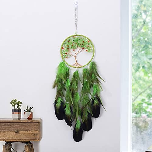 Pretty Jolly Green Tree of Life Dream Catcher Wall Decor with Healing Crystal Stone Handmade Feather Dream Catchers Decoration Wall Hanging Bedroom Living Room Wedding Party Home Decor-25.6"
