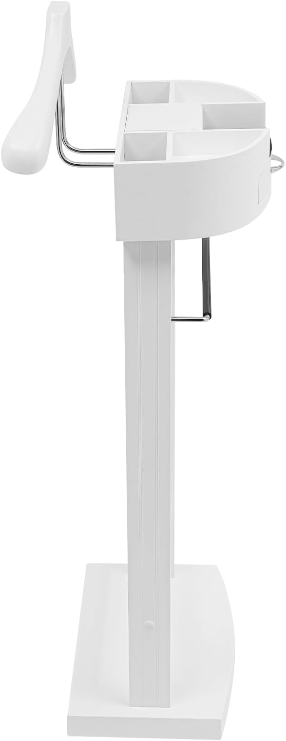 Suit Valet Stand for Men and Women, Wood Suit Stands Butler Clothing Rack, Floor Standing Clothes Valet with Drawer, Top Tray, Contour Hanger, Trouser Bar, Belt Hooks & Shoe Rack (White)