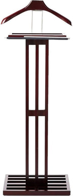 Freestanding Wooden Suit Valet Stand with Hanger Storage Tray Tie Hook Classic Wardrobe Organizer for Bedroom Office Closet, Dark Mahogany