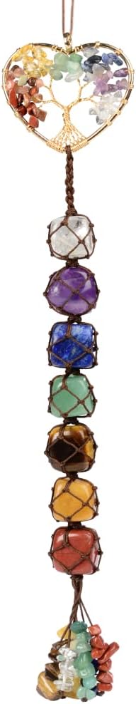 Cute Handmade Crystal Chakra Swinging Hanging Ornaments Mirror Hanging Car Accessories Tree of Life Stone Tree Feng Shui Window Ornament for Home Decor
