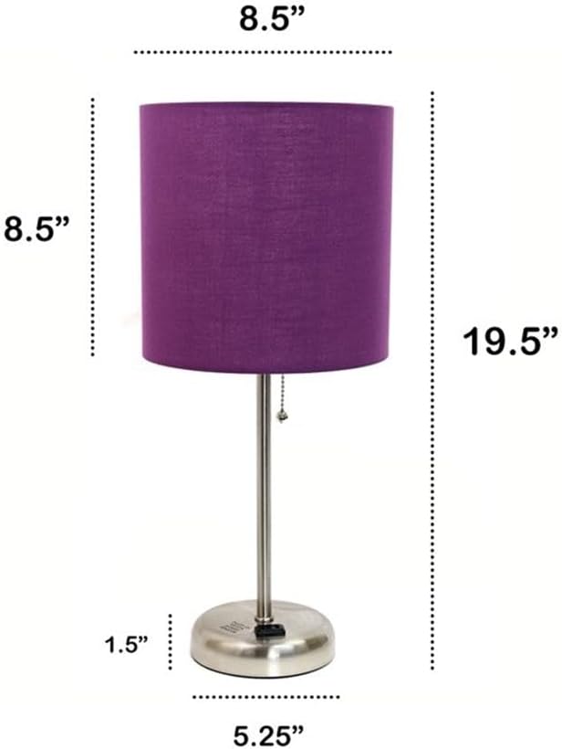 Oslo 19.5" Contemporary Bedside Power Outlet Base Standard Metal Table Desk Lamp in Brushed Steel with Purple Drum Fabric Shade