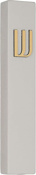A&S Mezuzot Modern Concrete Mezuzah Case with Scroll, Easy Peel and Stick Mezuza (Grey+ Gold Shin, 9 Inches)