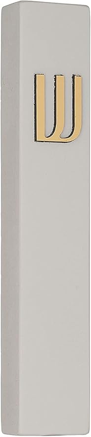 A&S Mezuzot Modern Concrete Mezuzah Case with Scroll, Easy Peel and Stick Mezuza (Grey+ Gold Shin, 5 Inches)