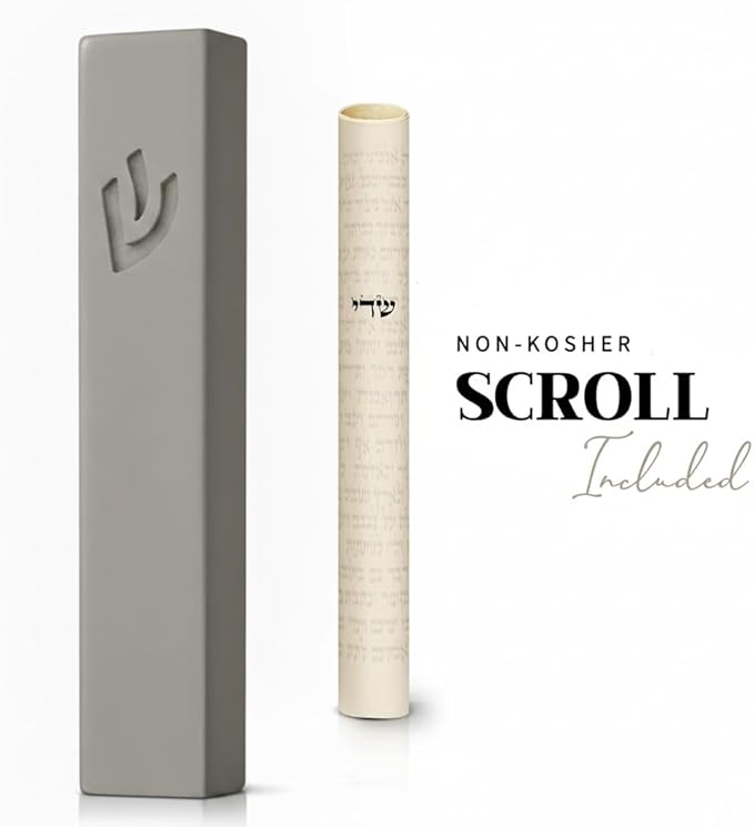 SURI Mezuzah and Printed Scroll Set – 5 Inch Light Gray Concrete Mezuzah Case, Self-Stick Adhesive, Fits a 4 Inch Mezuza Scroll, Gift Box Included