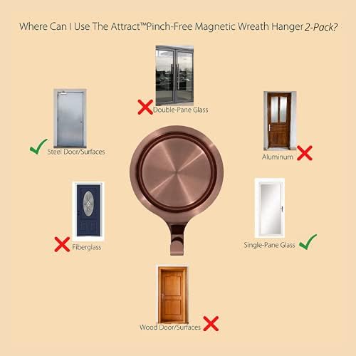 Haute Decor Attract Pinch-Free Magnetic Wreath Hanger (Brushed Nickel) - Set of 2 Magnets - for use on 1 Single-Pane Glass Door/Window or 2 Metal Doors/Surfaces