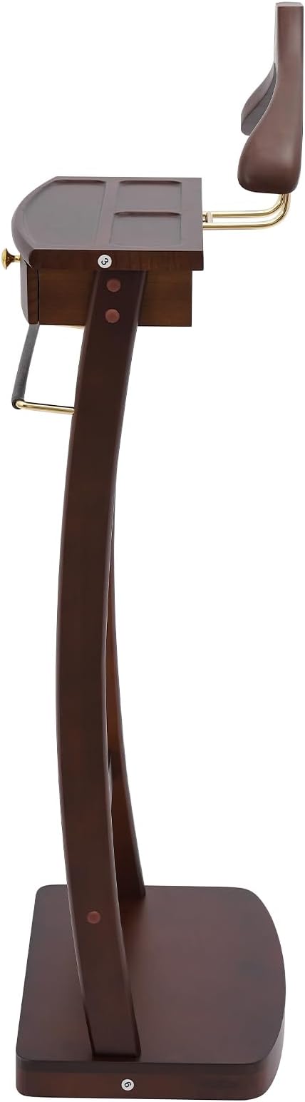 Suit Valet Stand for Men and Women, Wood Suit Stands Butler Clothing Rack, Floor Standing Clothes Valet with Drawer, Top Tray, Contour Hanger, Trouser Bar, Belt Hooks & Shoe Rack (Walnut Color)