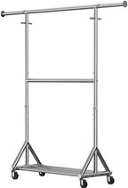 Heavy Duty Rolling Clothes Rack with Double Rods for Hanging Clothes, Adjustable & Extendable Metal Clothing Rack, Garment Rack With Wheels Shelf, Sturdy Freestanding Closet Rack, 100% Stainless Steel
