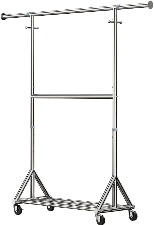 Heavy Duty Rolling Clothes Rack with Double Rods for Hanging Clothes, Adjustable & Extendable Metal Clothing Rack, Garment Rack With Wheels Shelf, Sturdy Freestanding Closet Rack, 100% Stainless Steel