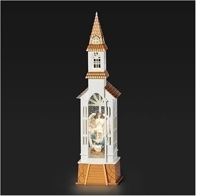 Roman Lighted Swirl Church with Holy Family Nativity Scene, 18-inch Height, Christmas Decoration
