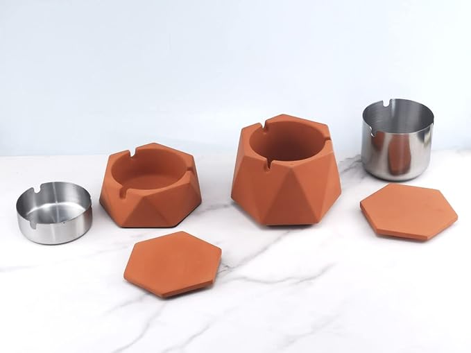 FREELOVE Concrete Ashtray with Lid & Stainless Steel Ashtrays for Cigarettes, Cement Ash Tray Smoking Holder Indoor Smokeless Outdoor Windproof Patio Home Office Cool Decor(Brick Red, Small)