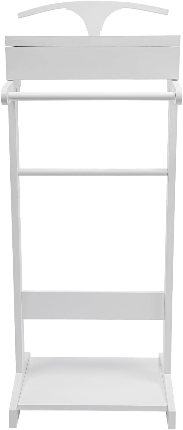Wood Suit Rack for Men and Women, Freestanding Clothing Valet Stand with Drawer, Shoe Shelf and Hanging Suit, Valet Stands Coat Rack Suit Valet for Entryway Office Living Room (White)