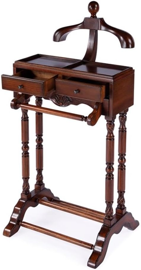 Pemberly Row Contemporary Clothing Valet Stand, 22" W x 17.5" D x 46.25" H, Rubberwood and Poplar Hardwood, Antique Cherry Finish, 2 Drawers, Decorative Legs, Bedroom or Office Wardrobe Display Piece
