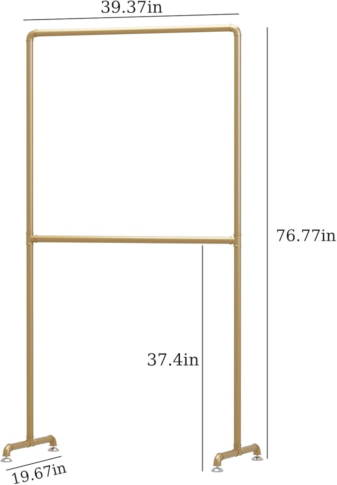 Industrial Pipe Clothing Rack, Heavy Duty Metal Clothes Rack with Double Rods, Freestanding Garment Rack for Bedroom Boutique Retail Use (Gold)