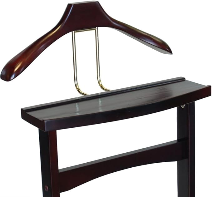 Wooden Suit Valet Stand with Top Tray Contour Hanger Trouser Bar and Shoe Rack Classic Freestanding Clothing Organizer for Bedroom Closet Entryway, Dark Mahogany
