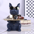 QIANLING Modern Decor Resin Navy Blue Bulldog Statue Tray - Storage Key Holder, Candy, Jewelry, Earrings - Suitable for Home, Dining Table, Office - Modern Art Small Object Tray