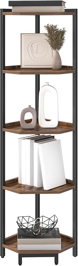 Hzuaneri Corner Shelf Stand, Corner Bookshelf, Storage Standing Shelf Unit with Metal Frame, Plant Stand, Bookcase for Living Room, Home Office, Bedroom, 5-Tier Rustic Brown CS05901B