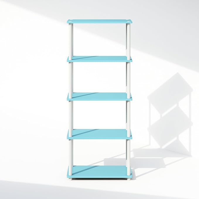 Furinno Turn-N-Tube Book Shelf, 5-Tier Bookshelf, Bookcase with Multipurpose Compact Display Rack, 11.6 x 23.6 x 57.4, for Living Room, Bedroom, Home Office, Light Blue/White
