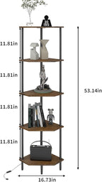 5 Tier Corner Shelf with LED Light,Tall Standing Shelf Organizer,Narrow Bookshelf,The Classic Combination of Rustic Brown and Black Standing Bookcase,Suitable for Bedroom,Living Room,Kitchen