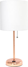 Oslo 19.5" Contemporary Bedside Power Outlet Base Standard Metal Table Desk Lamp in Rose Gold with White Drum Fabric Shade