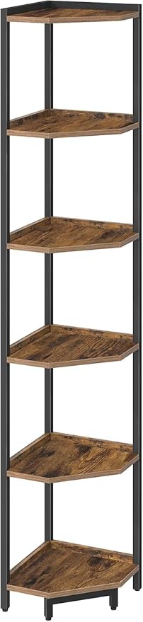 Hzuaneri Corner Shelf Stand, Corner Bookshelf, Storage Standing Shelf Unit with Metal Frame, Plant Stand, Bookcase for Living Room, Home Office, Bedroom, 6-Tier Rustic Brown CS06001B
