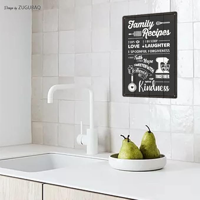 Funny Kitchen Signs Decor-Kitchen Farmhouse Decor-Personalized Kitchen Metal Sign-Retro Kitchen Counter Accessories-12x8 Inch Hanging Plaque Home Wall Decorations-Family Recipes Carbon Gray