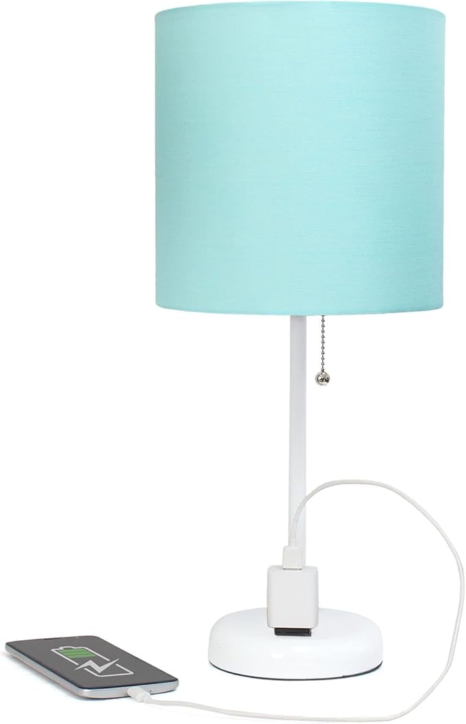 Oslo 19.5" Contemporary Bedside Power Outlet Base Standard Metal Table Desk Lamp in White with Aqua Drum Fabric Shade