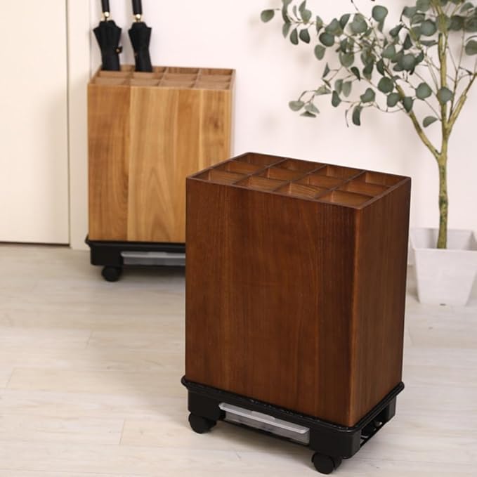 zktoermn Square Umbrella Stand Rack with Wheels, Wooden Umbrella Organizer Bin, Retro Indoor Umbrella Holder for Entryway, Office, Home(Natural,42x28x61cm)