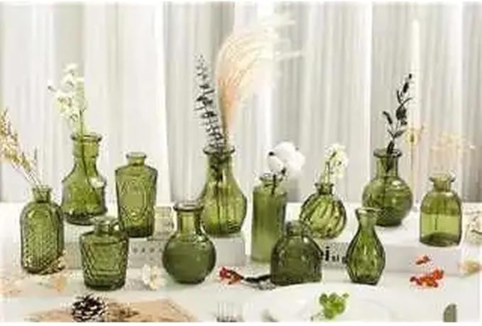 Mini Bud Vases Centerpieces for Tables,Clear Bud Vases for Flowers,Small Flower Vases Suitable for Birthday Party,Anniversary,Wedding Reception,Baby Shower (Green, 12PCS)