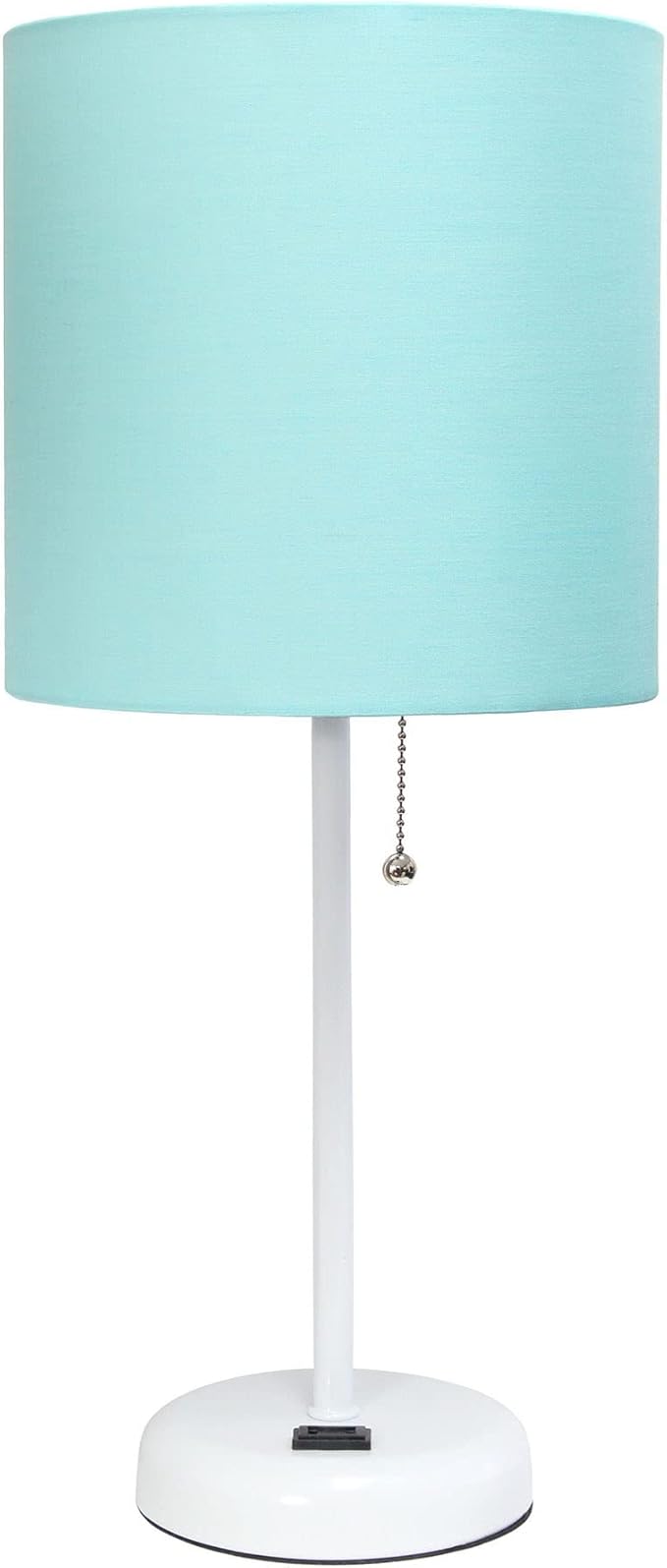 Oslo 19.5" Contemporary Bedside Power Outlet Base Standard Metal Table Desk Lamp in White with Aqua Drum Fabric Shade