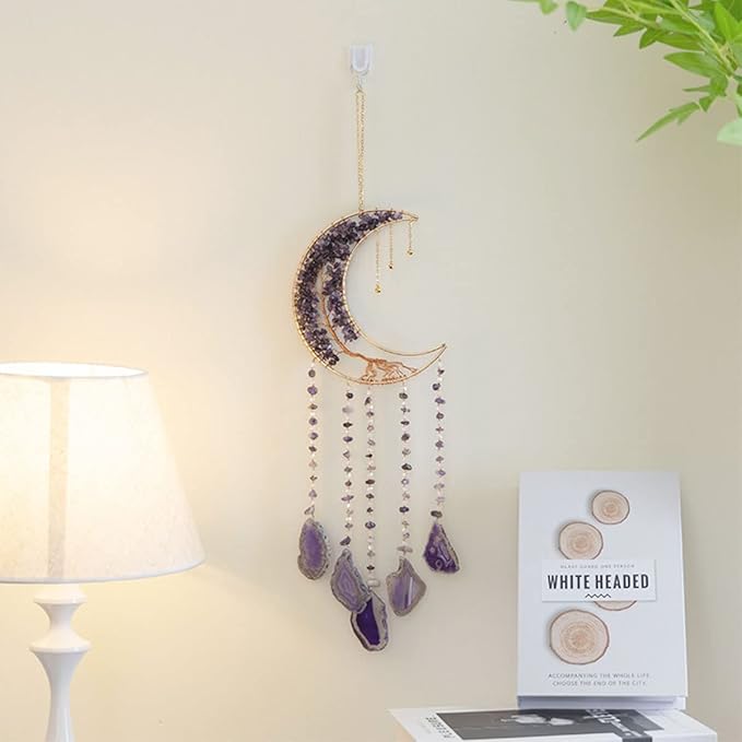 Crystal Dream Catcher with Moon Suncatcher, Boho Bedroom Decor for Women Girls, Handmade Hanging Wall Decor Gift Decor for Bedroom Living Room Garden
