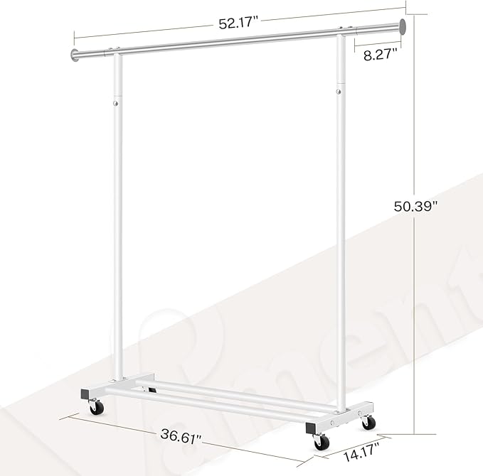 Clothes Rack, 130LB Capacity Heavy Duty Clothing Rack with Wheels and Bottom Shelf, 52.17 Inch Rolling Racks for Hanging Clothes, Coats, Shirts, Sweaters, Skirts, Dress, White