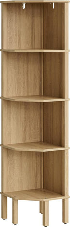 Corner Shelf, 5 Tier Corner Bookshelf, Display Corner Shelf Stand with Storage Rack, Wall Corner Bookshelf for Living Room, Bedroom, Office, Oak